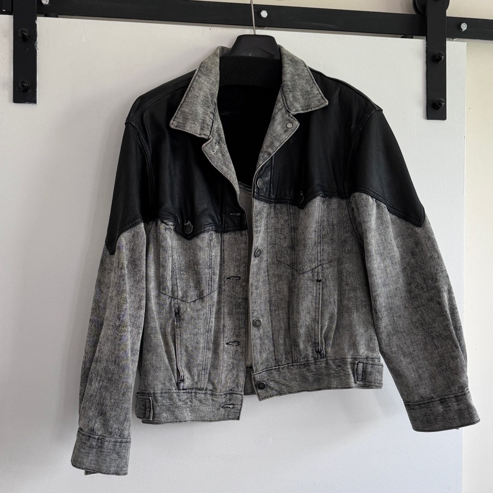Vintage grey denim black leather jacket